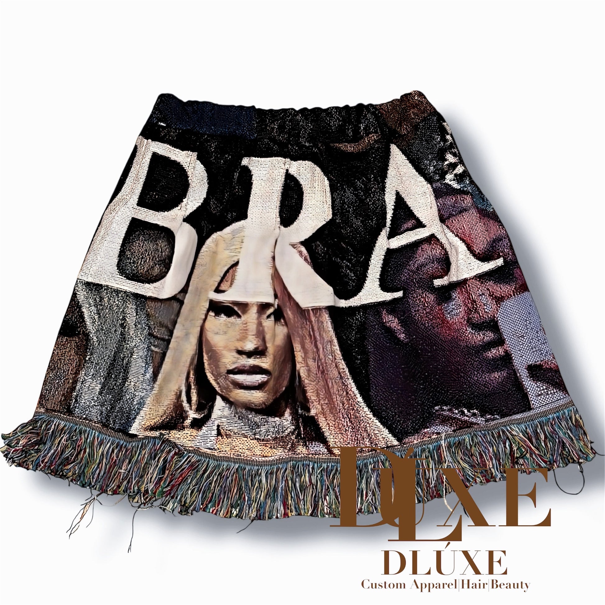 Skirt with 'BRATZ' text and images of client, Nicki Minaj and Bratz dolls